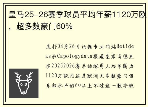 皇马25-26赛季球员平均年薪1120万欧，超多数豪门60%